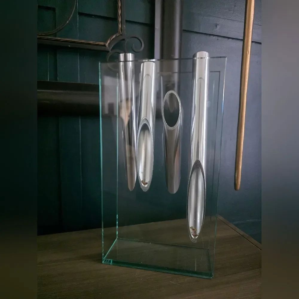 Lisa Mori Style VTG Glass Aluminum Abstract Vase Contemporary Modern Art 3 Stem